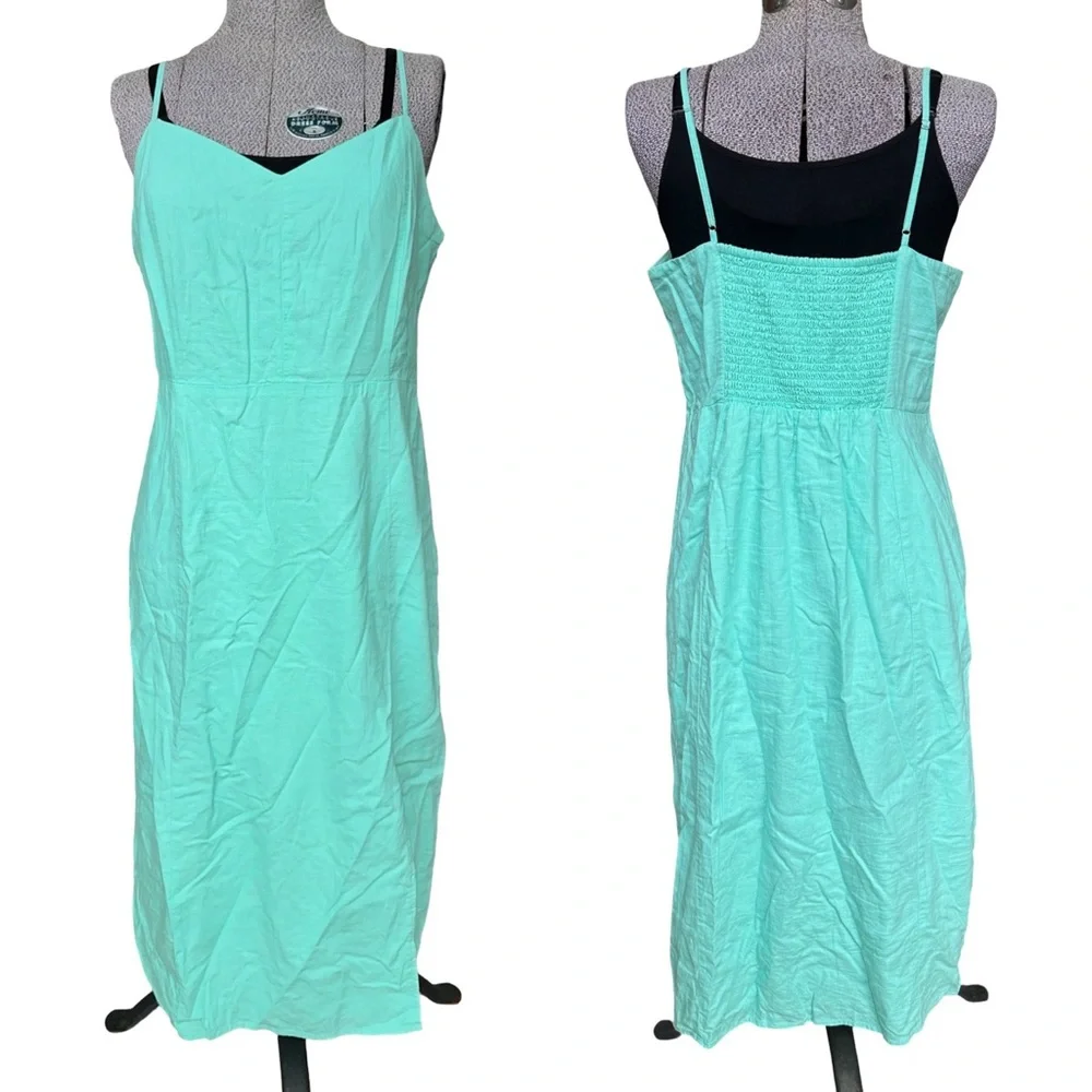 J.Crew Linen Blend Sunwashed Mint Midi Dress Size 14 Smocked Back Side Slit - Picture 3 of 15
